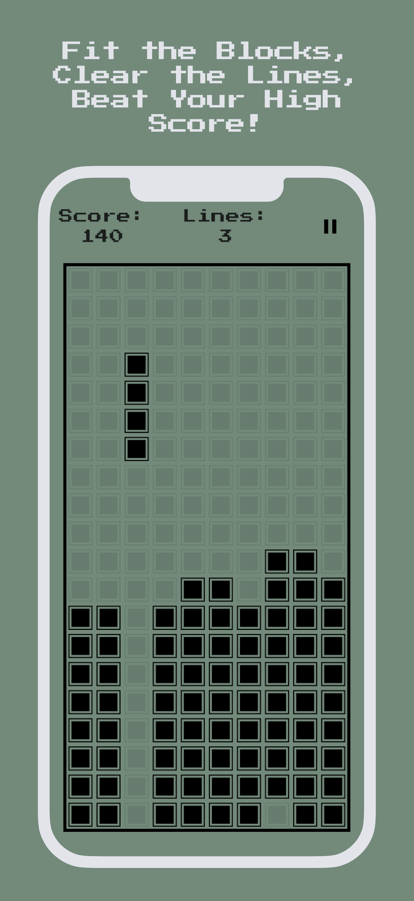 Falling blocks and complete rows on the monochrome game board